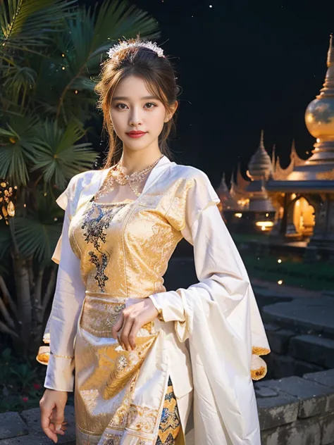 a solo beautiful princess, elegant, detailed, pretty, (rubenesque), (bagan pagoda background), (night sky), full moon, myanmar t...