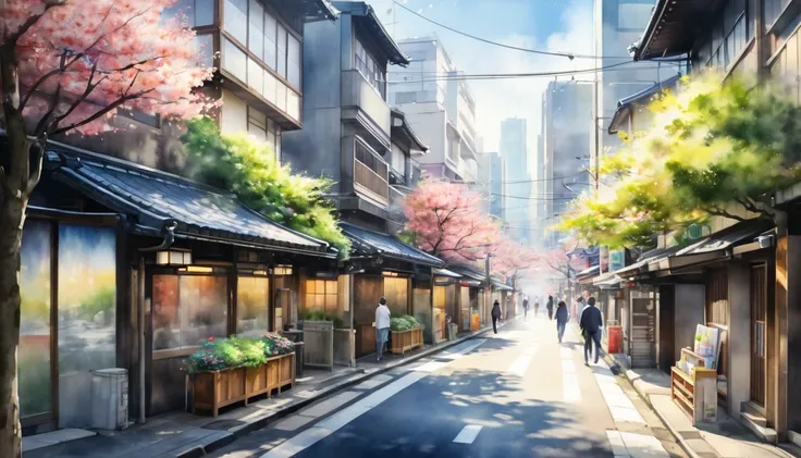 Watercolor, Blurry painting ,Japanese cityscape, Sunny, delicate and dynamic texture,  contrast between light and dark, 2.5D,  Artistic Pictures , hyper realistic,  Digital Graphic CG ,   super detailed ,   absolute resolution  ,  best quality