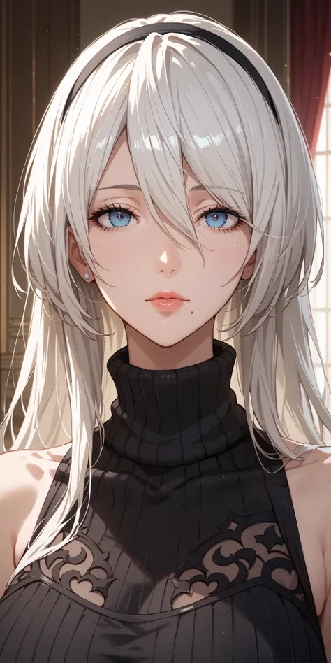 Score_9, Score_8_up, Score_7_up, Source_anime, anime art, anime style, very aesthetic, masterpiece, high quality, 1girl, cool character, mature woman, milf, curvaceous, mole under mouth, sleeveless turtleneck sweater, white hair, long hair, hair between ey...