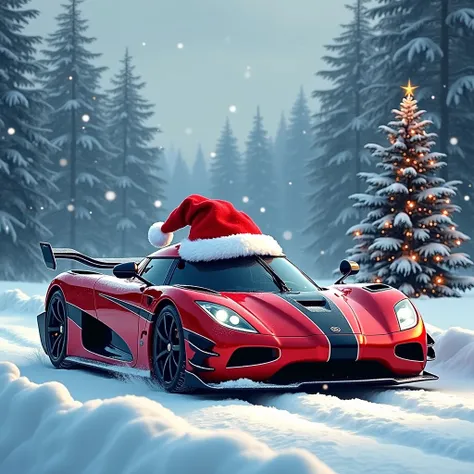 create an image of Koenigsegg jesko absolut with santa hat on top and the background is having snowy view and christmas tree, the car is viewed from left side and dont make it look too realistic make and look illustrated 