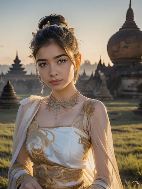 a solo beautiful princess, elegant, detailed, pretty, (rubenesque), (bagan pagoda background), (night sky), full moon, myanmar t...