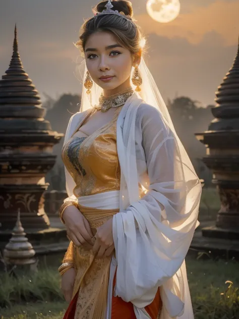 a solo beautiful princess, elegant, detailed, pretty, (rubenesque), (bagan pagoda background), (night sky), full moon, myanmar t...