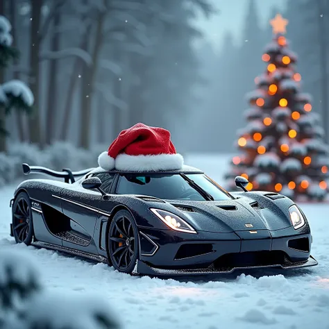 create an image of Koenigsegg Jesko Absolut 2022 with santa hat on top and the background is having snowy view and christmas tree, the car is viewed from left side and dont make it look too realistic make and look like an art work to print on t shirt, view the car from its left side windshield