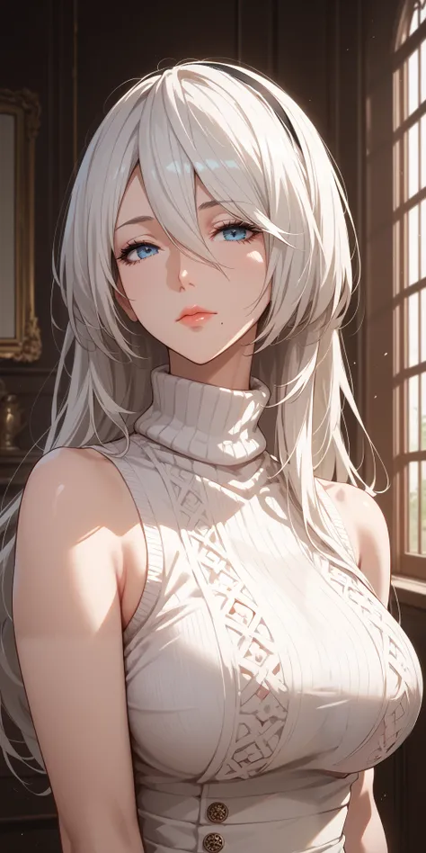 Score_9, Score_8_up, Score_7_up, Source_anime, anime art, anime style, very aesthetic, masterpiece, high quality, 1girl, cool character, mature woman, milf, curvaceous, mole under mouth, sleeveless turtleneck sweater, white hair, long hair, hair between ey...
