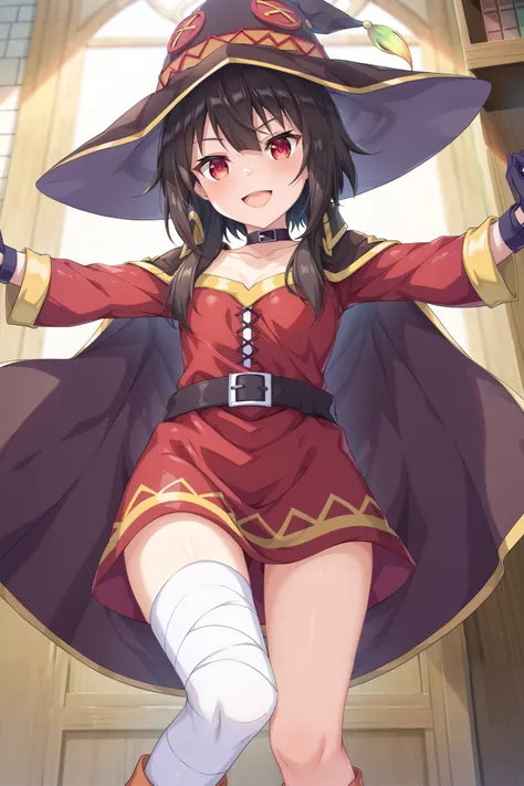 NSFW,masterpiece, best quality, high definition , Very detailed,Megumin( bless this wonderful world), short hair、 black hair、Red Eye、 side lock、 long rock, Knee Socks 、gloves、hat、 Red Dress 、黒いgloves、belt、黒い Knee Socks 、指なしgloves、Cape、first round、魔女のhat、ba...