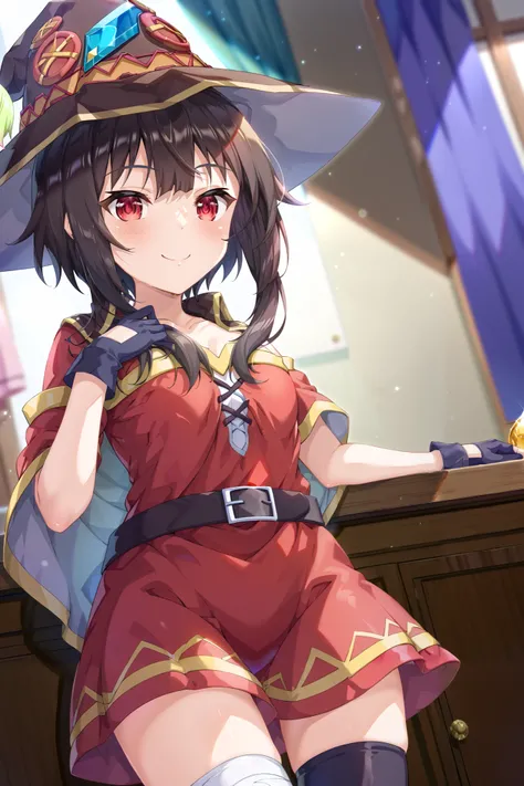 NSFW,masterpiece, best quality, high definition , Very detailed,Megumin( bless this wonderful world), short hair、 black hair、Red Eye、 side lock、 long rock, Knee Socks 、gloves、hat、 Red Dress 、黒いgloves、belt、黒い Knee Socks 、指なしgloves、Cape、first round、魔女のhat、ba...