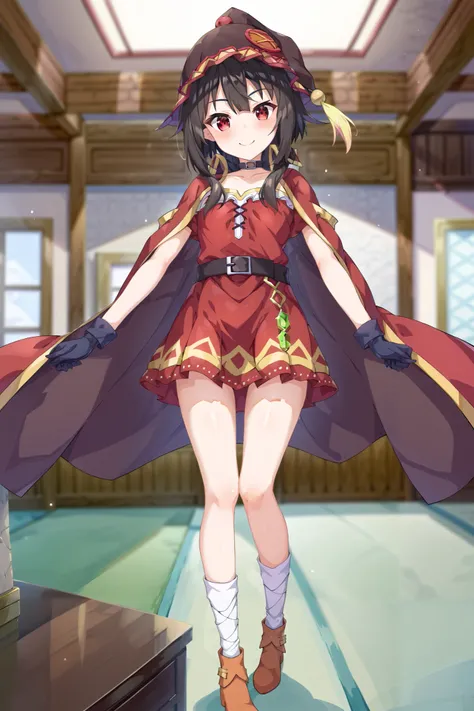 NSFW,masterpiece, best quality, high definition , Very detailed,Megumin( bless this wonderful world), short hair、 black hair、Red Eye、 side lock、 long rock, Knee Socks 、gloves、hat、 Red Dress 、黒いgloves、belt、黒い Knee Socks 、指なしgloves、Cape、first round、魔女のhat、ba...