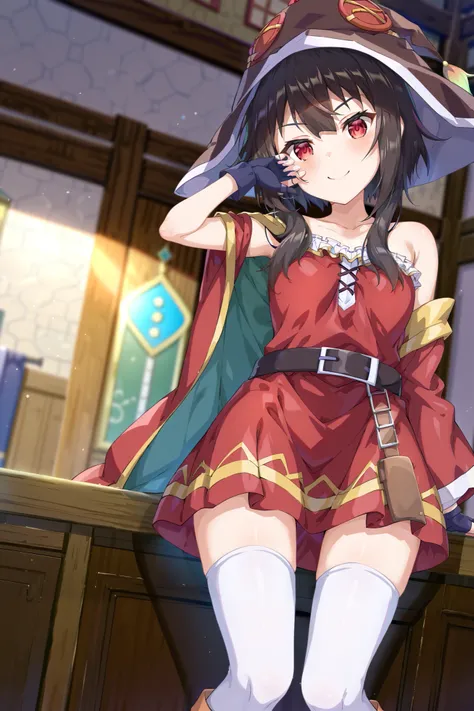 NSFW,masterpiece, best quality, high definition , Very detailed,Megumin( bless this wonderful world), short hair、 black hair、Red Eye、 side lock、 long rock, Knee Socks 、gloves、hat、 Red Dress 、黒いgloves、belt、黒い Knee Socks 、指なしgloves、Cape、first round、魔女のhat、ba...
