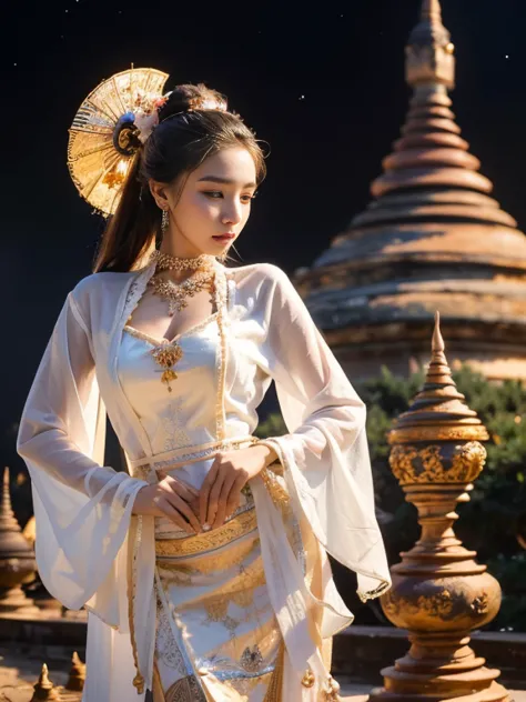 a solo beautiful princess, elegant, detailed, pretty, (rubenesque), (bagan pagoda background), (night sky), full moon, myanmar t...