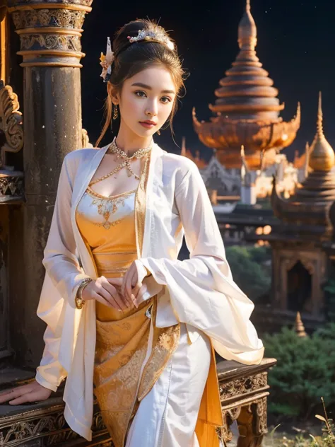 a solo beautiful princess, elegant, detailed, pretty, (rubenesque), (bagan pagoda background), (night sky), full moon, myanmar t...