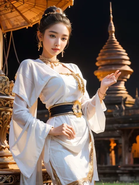 a solo beautiful princess, elegant, detailed, pretty, (rubenesque), (bagan pagoda background), (night sky), full moon, myanmar t...