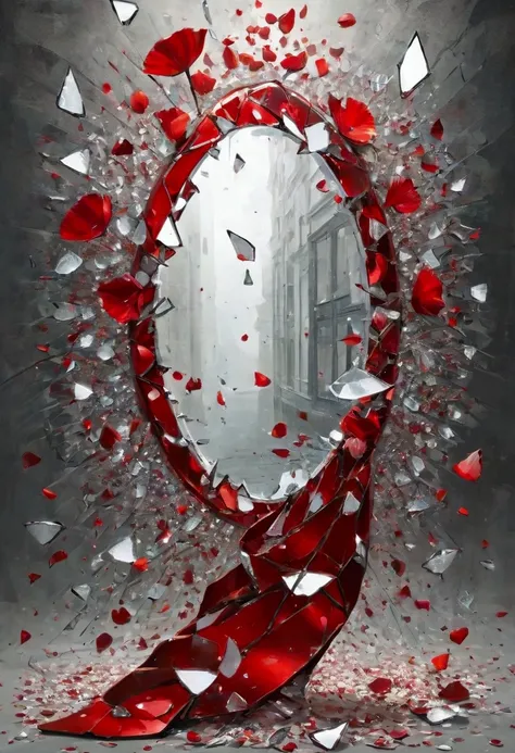  a picture of broken glass，Broken mirror，Mirror，Lots of fluttering petals， Red and White ，Artistic，，disturb，A picture of the shards ，Large and small fragments，Separation