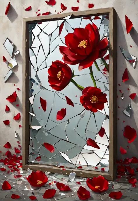  a picture of broken glass，Broken mirror，Mirror，Lots of fluttering petals， Red and White ，Artistic，，disturb，A picture of the shards ，Large and small fragments，Separation