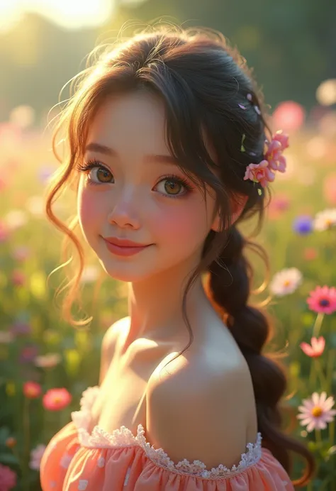 A girl in a garden,beautiful detailed eyes,beautiful detailed lips,extremely detailed eyes and face,long eyelashes,3D rendering,ultra-detailed,high quality,realistic,portrait,floral,soft and dreamy lighting, vibrant colors, colorful flowers, flowing dress,...