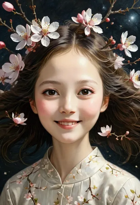 Flying Cherry Blossoms , (Double Exposure),  Smiling Young Girl ,  Smooth Lines ,  simple background, Emphasize light,  Portrait with Space Perception ,  Rich Negative Space , ( in a Primitive Style . David Martiashvili.  Spartak Mukanov. Sven37. Peter Els...