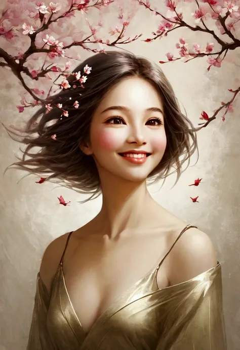 Flying Cherry Blossoms , (Double Exposure), Smiling young girl,  Smooth Lines ,  simple background, Emphasize light, Portrait and Spatial Perception ,  Rich Negative Space , ( in a Primitive Style . David Martiashvili.  Spartak Mukanov. Sven37. Peter Elson...