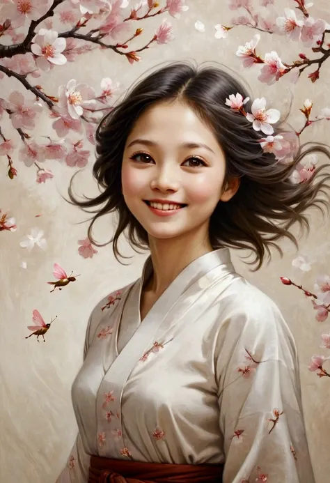 Flying Cherry Blossoms , (Double Exposure),  Smiling Young Girl ,  Smooth Lines ,  simple background, Emphasize light,  Portrait with Space Perception ,  Rich Negative Space , ( in a Primitive Style . David Martiashvili.  Spartak Mukanov. Sven37. Peter Els...