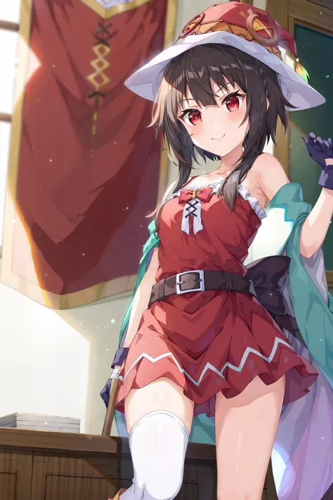 NSFW,masterpiece, best quality, high definition , Very detailed,Megumin( bless this wonderful world), short hair、 black hair、Red Eye、 side lock、 long rock, Knee Socks 、gloves、hat、 Red Dress 、黒いgloves、belt、黒い Knee Socks 、指なしgloves、Cape、first round、魔女のhat、ba...