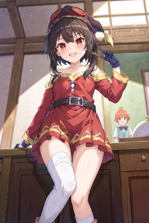 NSFW,masterpiece, best quality, high definition , Very detailed,Megumin( bless this wonderful world), short hair、 black hair、Red Eye、 side lock、 long rock, Knee Socks 、gloves、hat、 Red Dress 、黒いgloves、belt、黒い Knee Socks 、指なしgloves、Cape、first round、魔女のhat、ba...