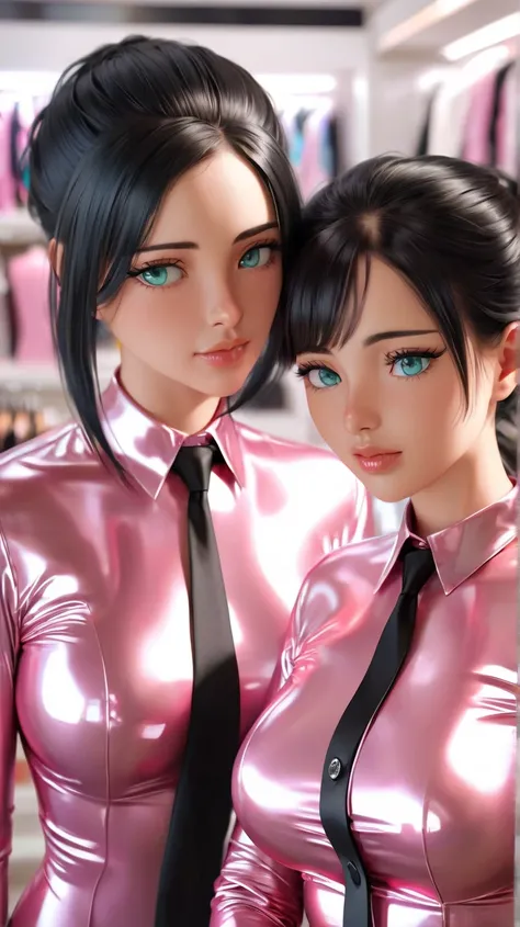 2 girls,  masterpiece, Lens reflection, Reflected light, Buttoned in extremely tight shiny pig-pink latex blouse,  high resolution , portrait, Are in the clothes store and buy a ,  Make-up, Aqua Eyes, Necktie,Medium hair,  black hair, 