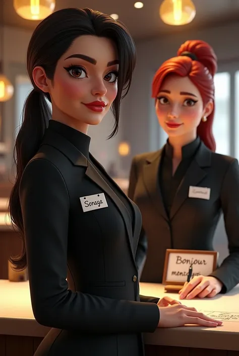 a mixed race woman who receives customers in a black suit, writes "soraya", a sign which is written "bonjour monsieur" and another red-haired female waitress with a black suit writes "lorena"