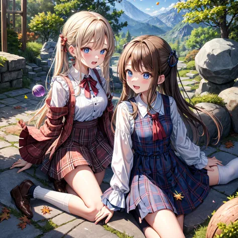 Chestnut Hair、 blue eyes、 with hair tied 、Two cute、 plaid miniskirt、 BLACK T-SHIRT、 Long Sleeve 、 dress、 striped high socks、Teeth are visible、lawn、The stone is cracked、Uneven ground、The road is curved、Large autumn tree、Mountain々、isolated island、iridescent ...