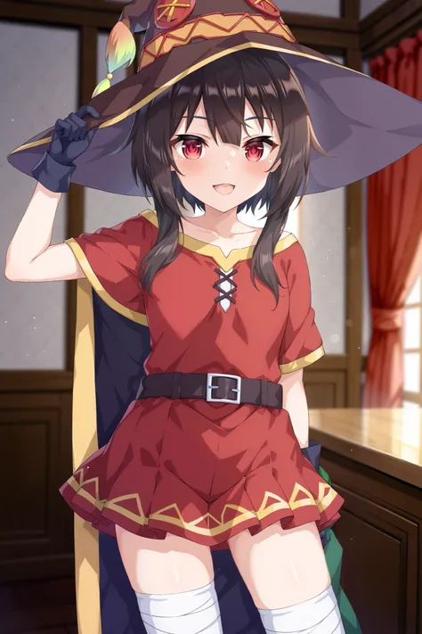 NSFW,masterpiece, best quality, high definition , Very detailed,Megumin( bless this wonderful world), short hair、 black hair、Red Eye、 side lock、 long rock, Knee Socks 、gloves、hat、 Red Dress 、黒いgloves、belt、黒い Knee Socks 、指なしgloves、Cape、first round、魔女のhat、ba...
