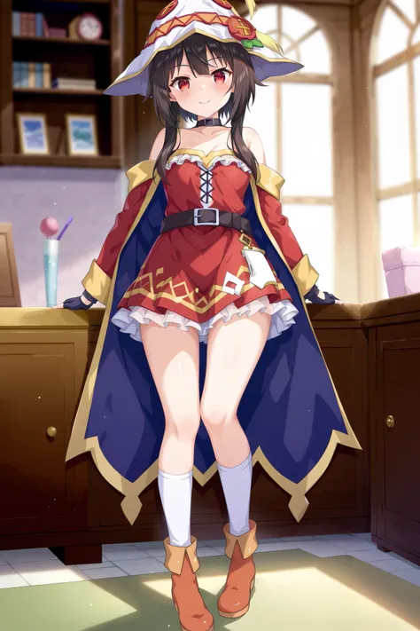 NSFW,masterpiece, best quality, high definition , Very detailed,Megumin( bless this wonderful world), short hair、 black hair、Red Eye、 side lock、 long rock, Knee Socks 、gloves、hat、 Red Dress 、黒いgloves、belt、黒い Knee Socks 、指なしgloves、Cape、first round、魔女のhat、ba...