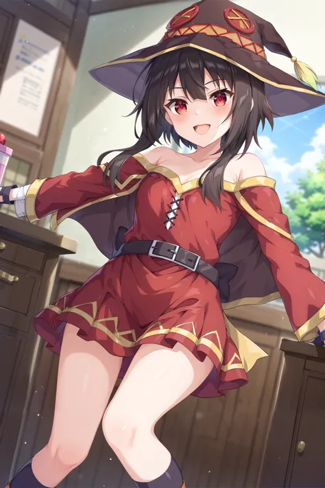 NSFW,masterpiece, best quality, high definition , Very detailed,Megumin( bless this wonderful world), short hair、 black hair、Red Eye、 side lock、 long rock, Knee Socks 、gloves、hat、 Red Dress 、黒いgloves、belt、黒い Knee Socks 、指なしgloves、Cape、first round、魔女のhat、ba...