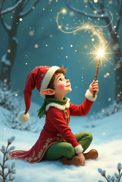 Christmas elf .   Sitting in the snow falling . Marcell writes with a wand to the sky