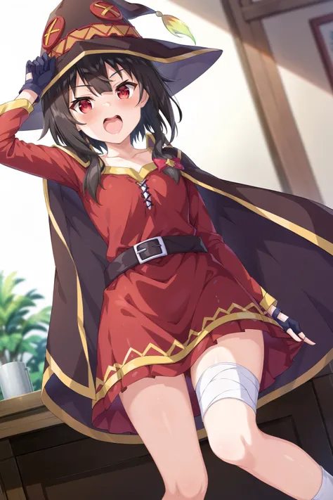 NSFW,masterpiece, best quality, high definition , Very detailed,Megumin( bless this wonderful world), short hair、 black hair、Red Eye、 side lock、 long rock, Knee Socks 、gloves、hat、 Red Dress 、黒いgloves、belt、黒い Knee Socks 、指なしgloves、Cape、first round、魔女のhat、ba...