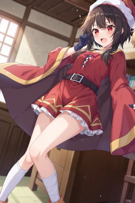 NSFW,masterpiece, best quality, high definition , Very detailed,Megumin( bless this wonderful world), short hair、 black hair、Red Eye、 side lock、 long rock, Knee Socks 、gloves、hat、 Red Dress 、黒いgloves、belt、黒い Knee Socks 、指なしgloves、Cape、first round、魔女のhat、ba...