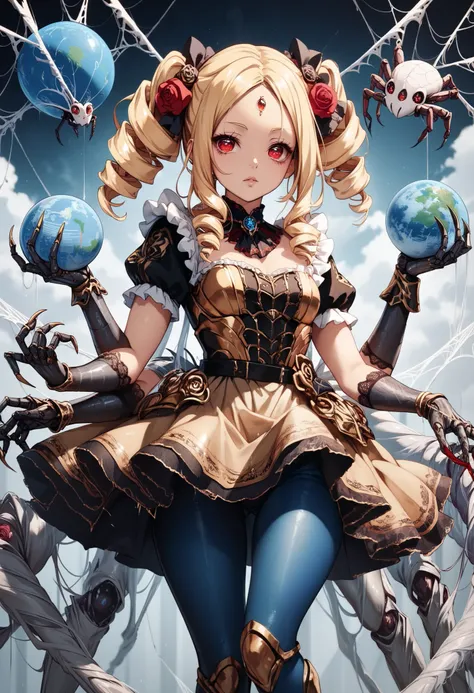 Spider girl. Lady. Twin drill hair. Blonde hair. Red eyes. Horror eyes. Black and Gold dress. Frills. Dark fantasy. Multiple arms. Sharp claws. armor chest. Insect legs. Lace gloves. Metallic Blue globe. Metallic Blue tights. Spider eyes on forehead. Scorn...