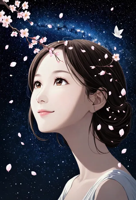 A riverside、A forest of cherry blossoms,  Flying Petals, (Double Exposure), Portrait of a smiling young girl with a side face,  Smooth Lines ,  simple background, Emphasize light,  Portrait with Space Perception ,  Rich Negative Space ,   starry night , 