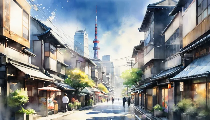 Watercolor, Blurry painting ,Japanese cityscape, Sunny, delicate and dynamic texture,  contrast between light and dark, 2.5D,  Artistic Pictures , hyper realistic,  Digital Graphic CG ,   super detailed ,   absolute resolution  ,  best quality