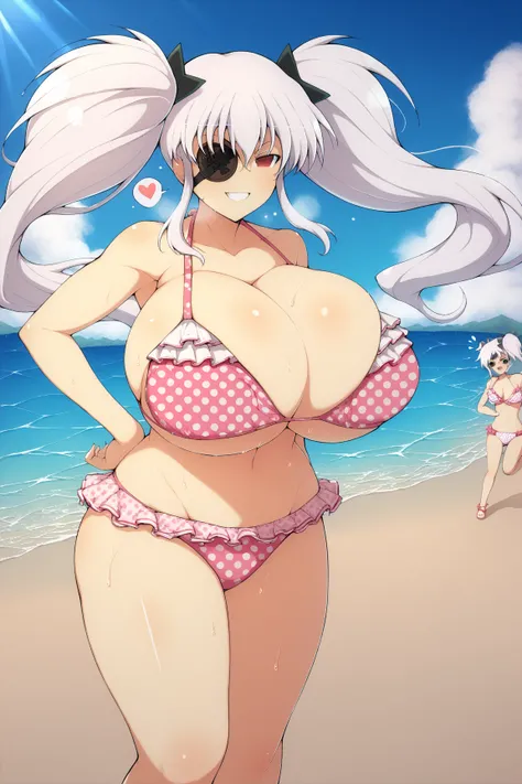 yaegashi nan, senran kagura, senran kagura burst, senran kagura new link,Inazuma 
, frilled bikini, pink bikini, polka dot bikini, polka dot bra, polka dot panties,  gigantic breasts, gigantic ass, giant thighs, , sweating, sky, bule sky, Sea, sandy beach,...