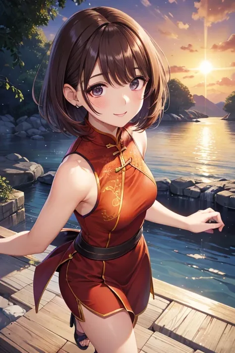 my grandmother、 shiny maroon hair ,  short hair, ( brown pretty eyes、 Sparkling Eyes , Fine grain)、smile、 super detailed eyes 、 Highly Detailed Faces,  very detailed eyes,Alone、 1 woman、





( detailed cloth texture, Sleeveless orange micro mini cheongsam...