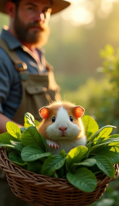 a guinea pig in a basket of fresh spinach, a farmer looking on, highly detailed, 8k, photorealistic, dramatic lighting, vibrant colors, smooth textures, beautiful natural setting, lush greenery, warm tones, intricate details, realistic shadows and reflecti...