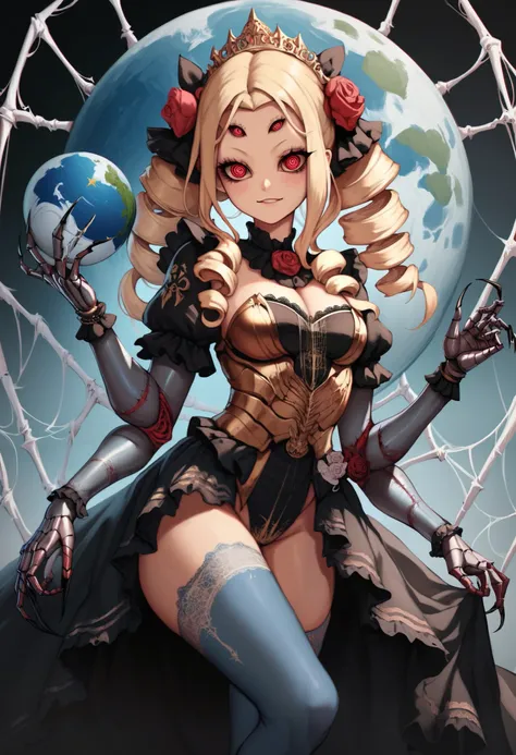 Spider girl. Lady. Twin drill hair. Blonde hair. Red eyes. Horror eyes. Black and Gold dress. Frills. Dark fantasy. Multiple arms. Sharp claws. armor chest. Insect legs. Lace gloves. Metallic Blue globe. Metallic Blue tights. Spider eyes on forehead. Scorn...