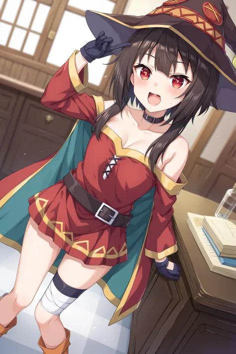 NSFW,masterpiece, best quality, high definition , Very detailed,Megumin( bless this wonderful world), short hair、 black hair、Red Eye、 side lock、 long rock, Knee Socks 、gloves、hat、 Red Dress 、黒いgloves、belt、黒い Knee Socks 、指なしgloves、Cape、first round、魔女のhat、ba...