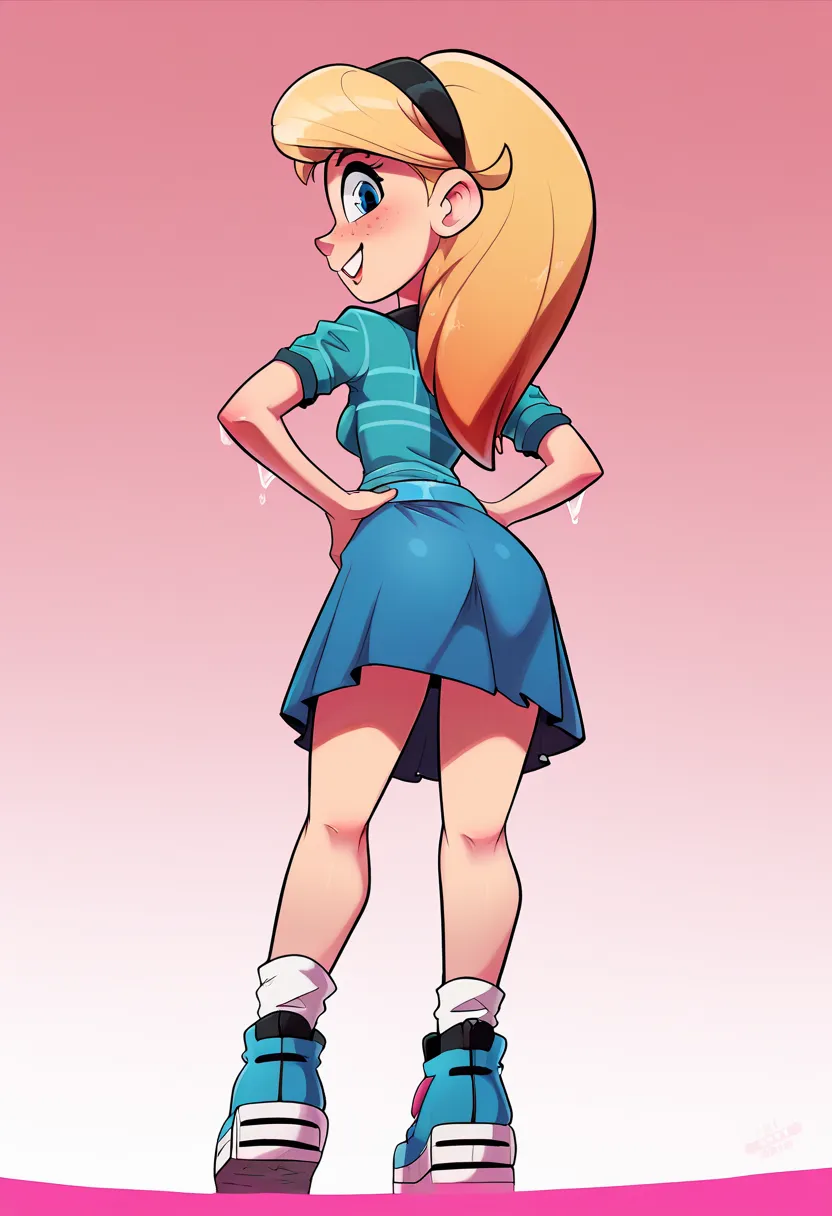 1girl, full body, solo, penny peterson, long hair, blue eyes, freckles, blonde hair, skirt, hairband, black hairband, white sock...