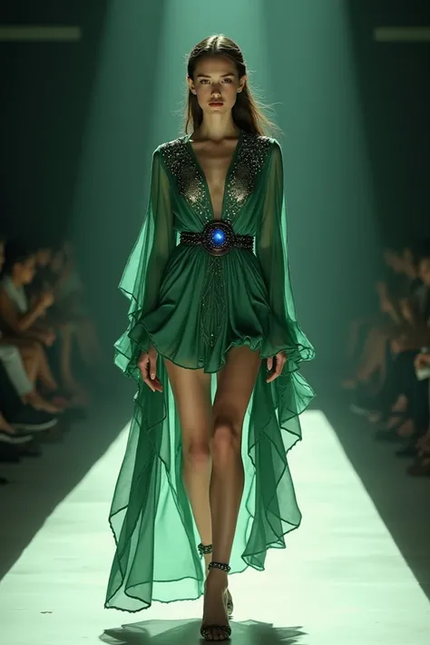 Full photo, full height, young female model, short robe, dark green and white, robe with a special and fantasy design, decorations on the chest of the dress inspired by the galaxy, silk fabric, model walks on the runway,