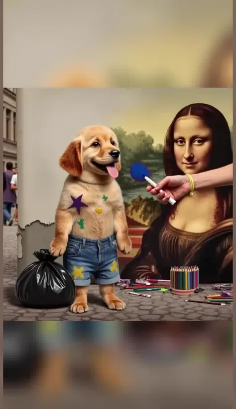 A whimsical illustration of a golden retriever standing upright like a human, with paint splatters on its fur and wearing denim shorts. The dog is depicted holding an art brush near a colorful art setup with pencils and supplies scattered on the ground. Be...