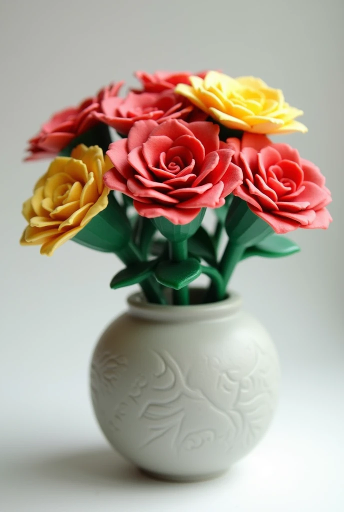 je fais de largile autodurcissante. Invente moi un design de vase en argile pour mettre des fleurs lego à lintérieur. Ce sont des roses lego, le vase doit être facile à faire en airdry clay, et ca doit bien aller avec les fleurs