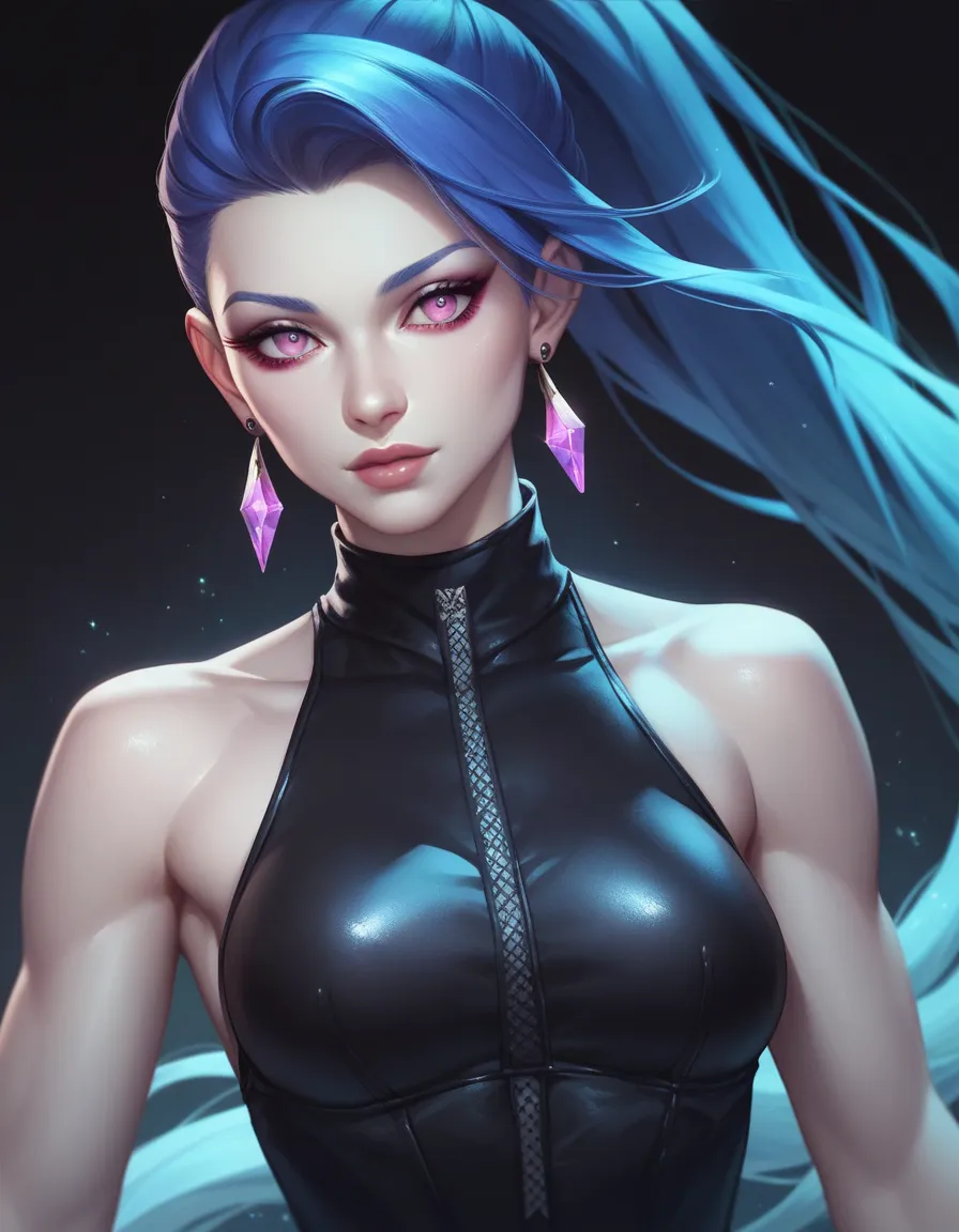 female black sleeveless leather turtleneck, bare shoulders, racerback, bare toned arms, beautiful faces, blue ponytail with showing forehead, long ponytail, black earrings, soft smooth skin, pale skin, black background, magenta eyes, sci-fi, high contrast, assassin