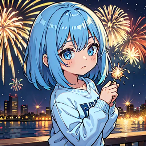 1girl blue hair medium hair blue eyes sweatshirt fireworks