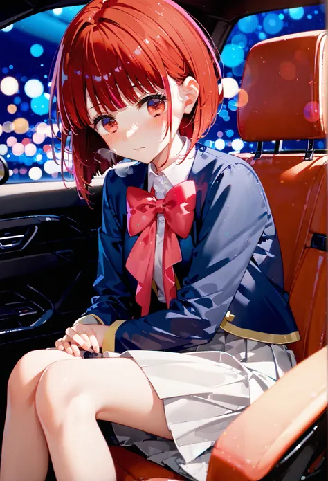nime style woman sitting in a car wearing a pink button up shirt, 1girl, car interior, blush, sitting, bow, skirt, jacket, short hair, bowtie, blue jacket, solo, school uniform, red hair, long sleeves, pink bow, breath, bangs, red eyes,arimakana,night,boke...