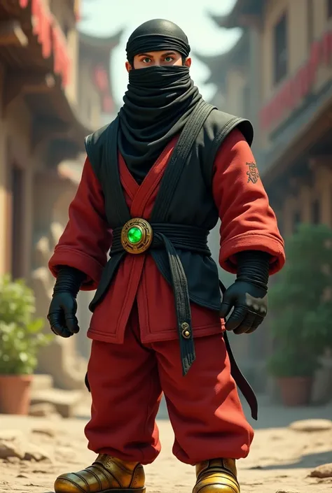 a man wearing a mask made only of black bandages fully wrapped around his head, leaving his green eyes visible wearing a long-sleeved red karate gi, a large black vest, black gloves, a golden belt with a green jewel, red pants and wide with golden metal bo...