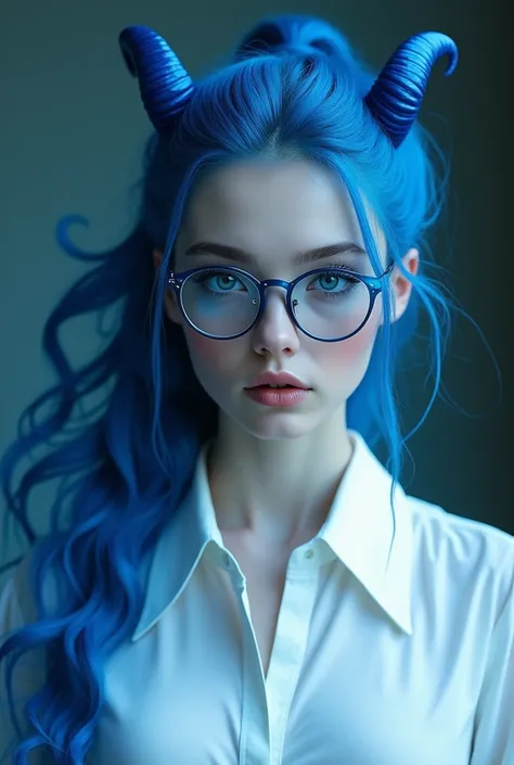 Une jeune femme très belle en blouse blanche avec des cheveux bleue attachés, des cornes bleu sur la tête ainsi que des belles lunettes et la peau bleu 