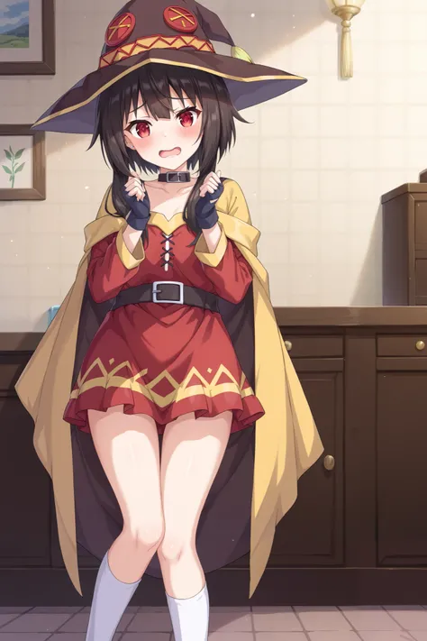 NSFW,masterpiece, best quality, high definition , Very detailed,Megumin( bless this wonderful world), short hair、 black hair、Red Eye、 side lock、 long rock, Knee Socks 、gloves、hat、 Red Dress 、黒いgloves、belt、黒い Knee Socks 、指なしgloves、Cape、first round、魔女のhat、ba...